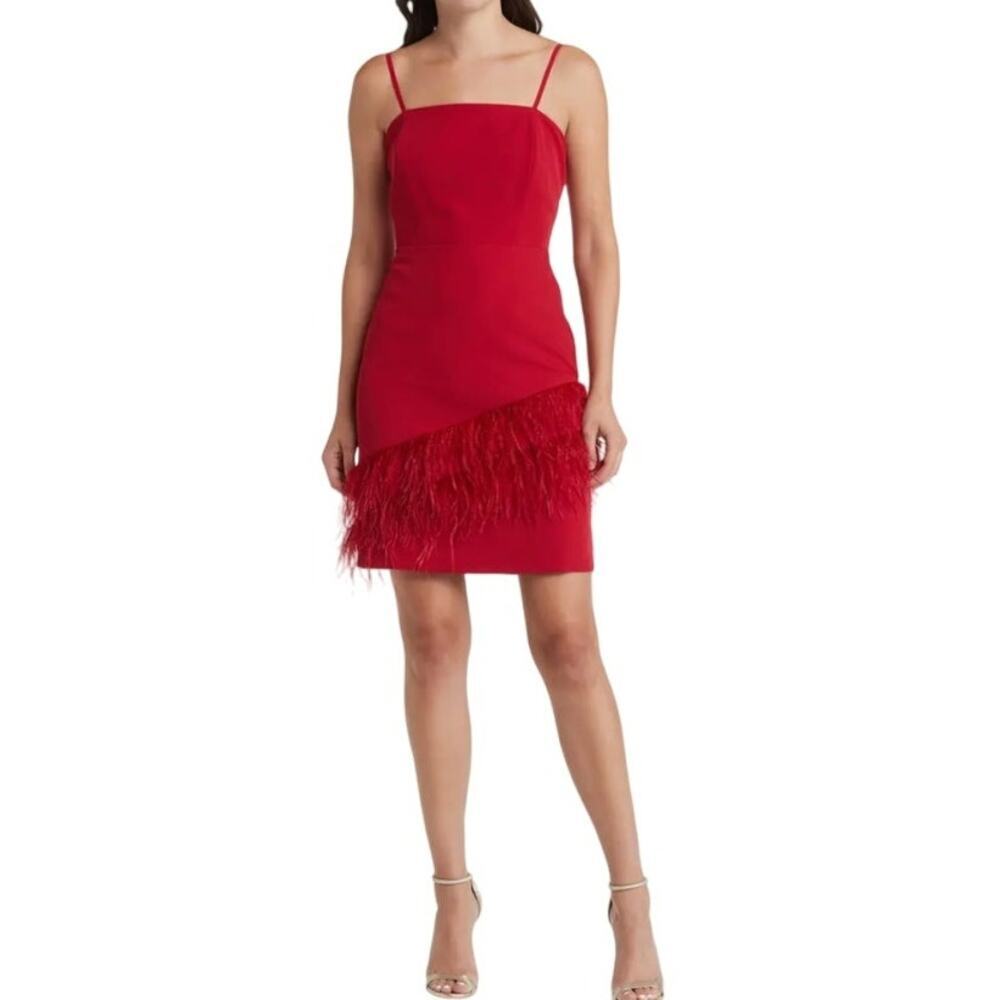 ❤️🔥SAM EDELMAN ❤️🔥 Red Spaghetti-Strap Mini Dress with Feather Trim